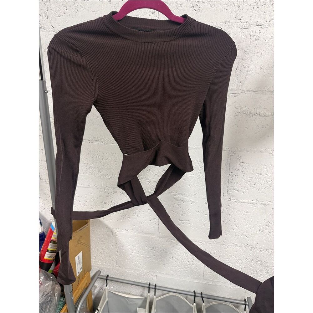 Women's Brown Ribbed Wrap Tie Long-Sleeve Top NBD - Size Medium